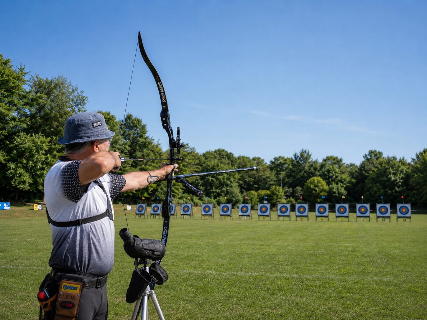 Beginner coaching, practice sessions and archers on the shooting line.