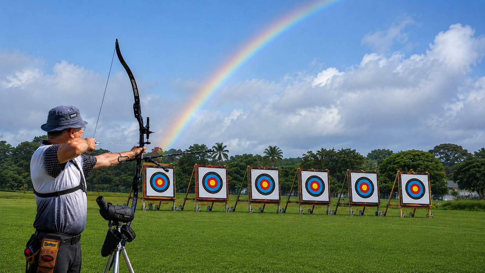 Beginner coaching, practice sessions and archers on the shooting line.